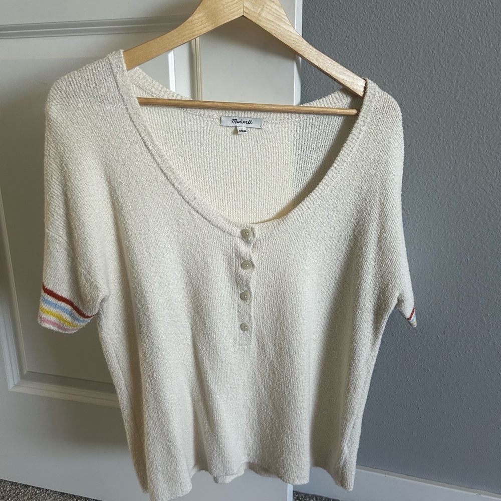 Madewell Cream Knit Top with Rainbow Sleeve Accents